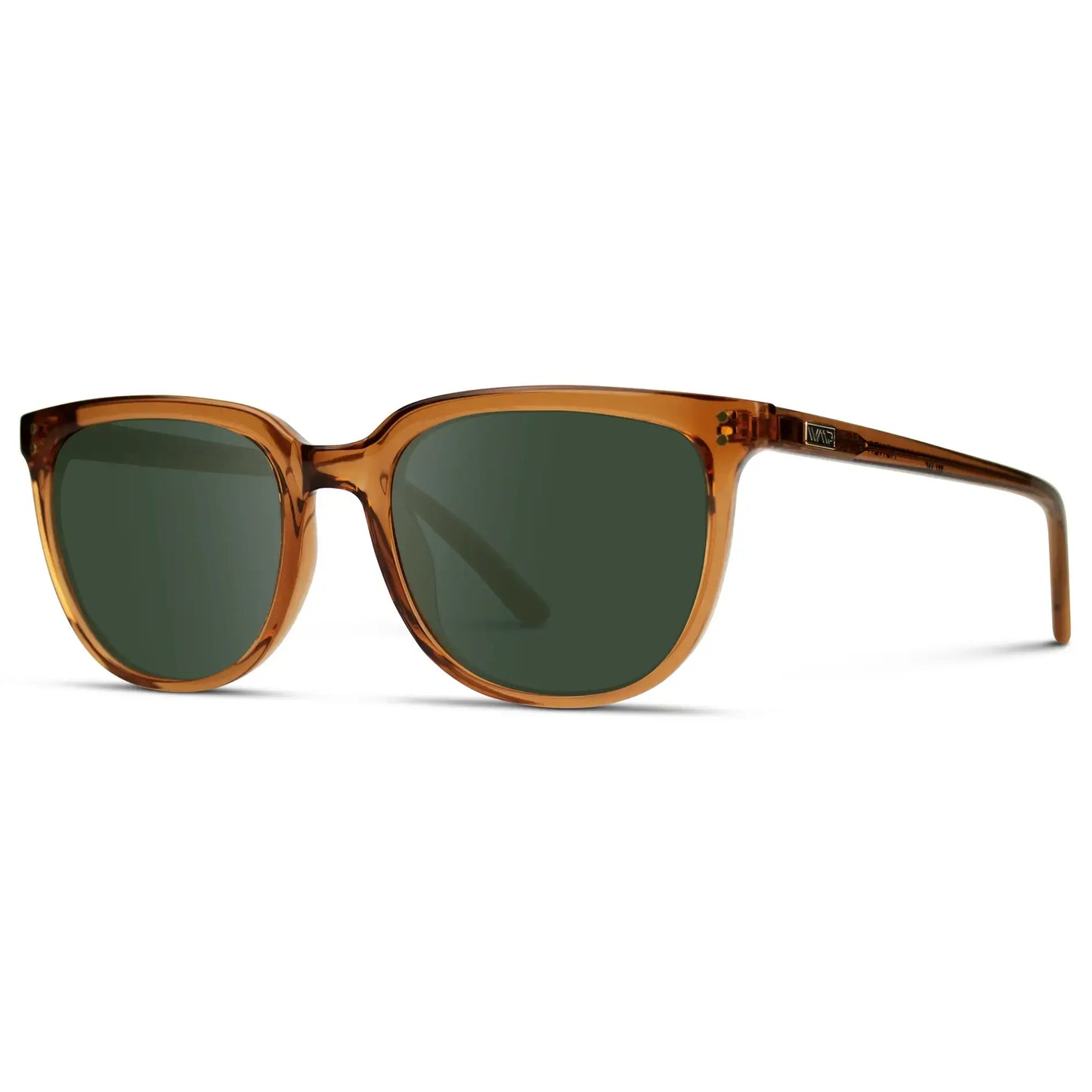Crystal Brown / G15 || Side view of Men's Square Prescription Sunglasses with Crystal Brown Frame and Green Lenses on a white background