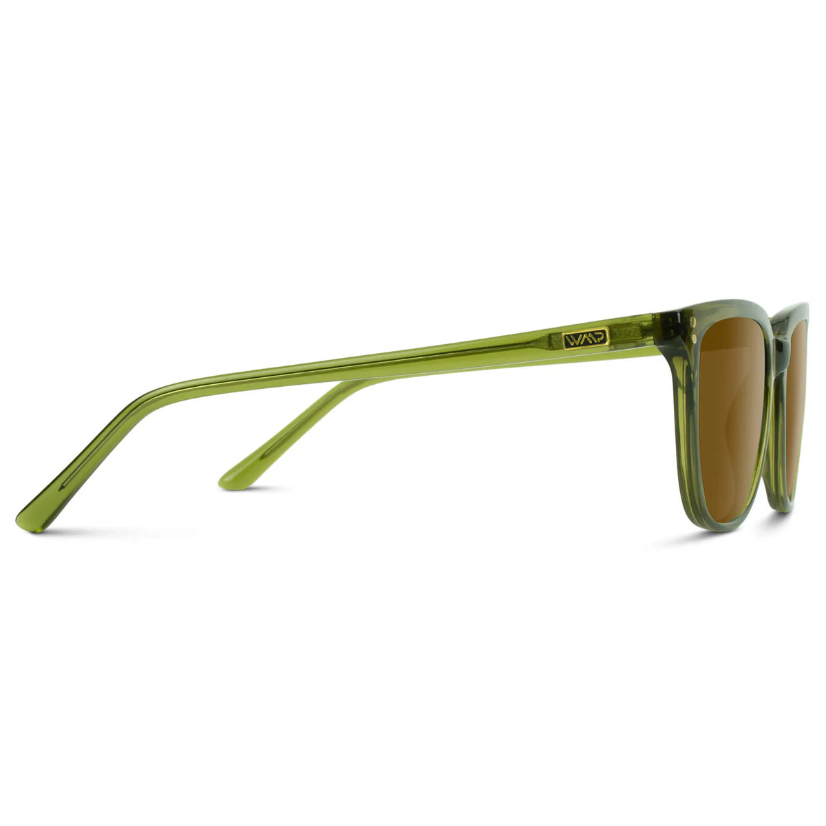 Crystal Saguaro Green / Amber || Temple view of Men's Square Prescription Sunglasses with Crystal Saguaro Green Frame and Amber Lenses on a white background