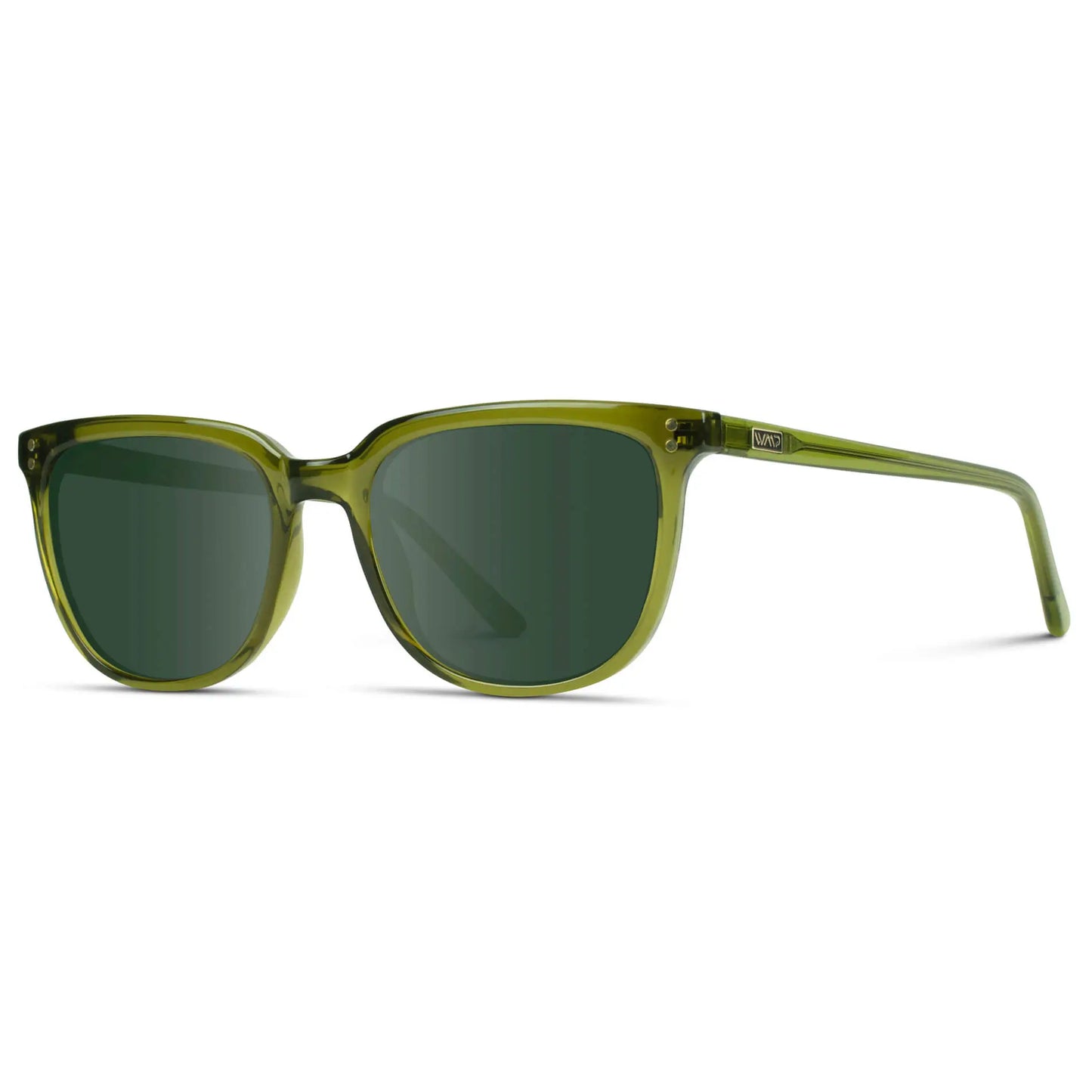 Crystal Saguaro Green / G15 || Side view of Men's Square Prescription Sunglasses with Crystal Saguaro Green Frame and Green Lenses on a white background