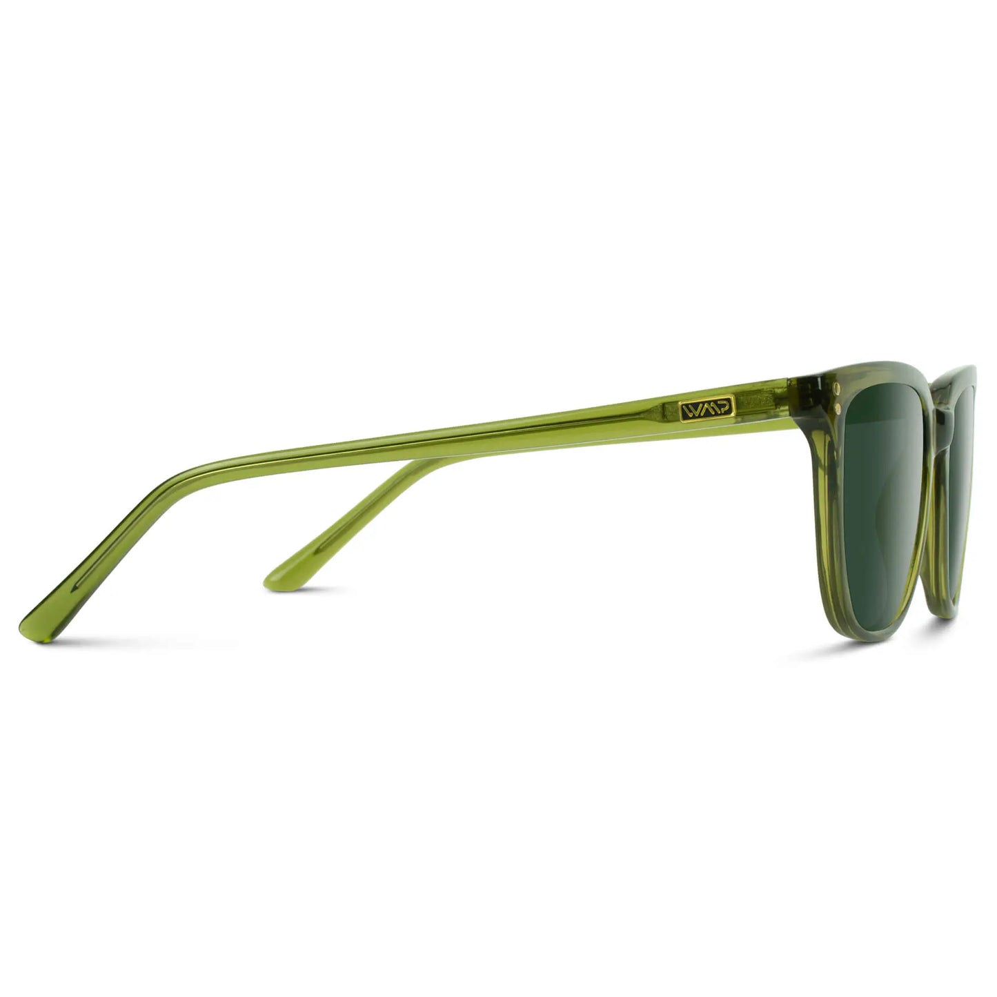 Crystal Saguaro Green / G15 || Temple view of Men's Square Prescription Sunglasses with Crystal Saguaro Green Frame and Green Lenses on a white background