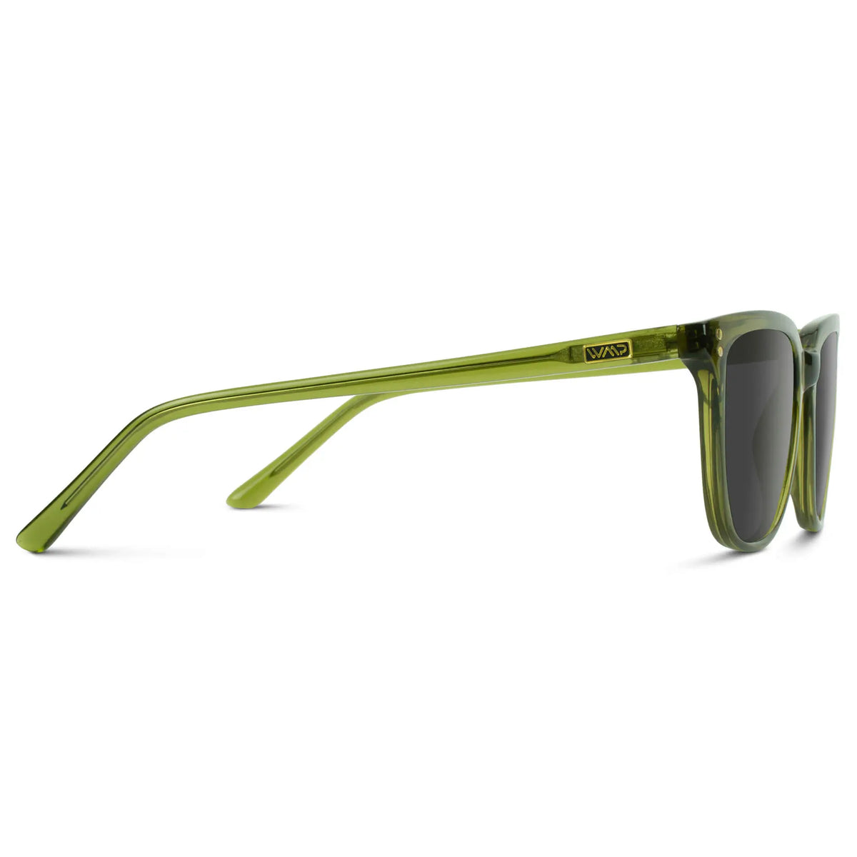 Crystal Saguaro Green / Grey || Temple view of Men's Square Prescription Sunglasses with Crystal Saguaro Green Frame and Grey Lenses on a white background