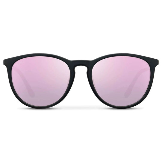Soft Black / Mirror Pink || Classic Round Frame Sunglasses with Black Frame and Mirror Pink Polarized Lenses