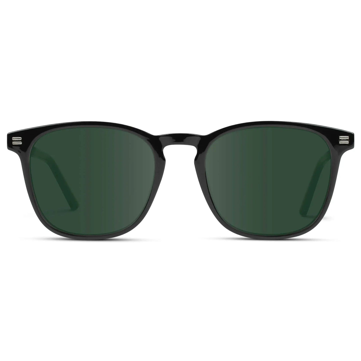 Black / G15 || Black Square Frame Prescription Sunglasses with Green Lenses on a white background