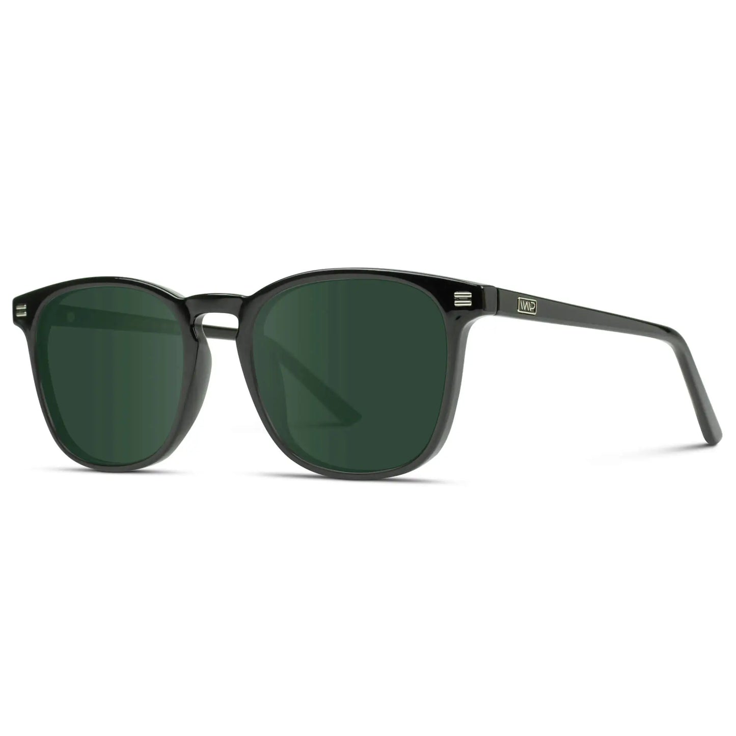 Black / G15 || Side view of Black Square Frame Prescription Sunglasses with Green Lenses on a white background