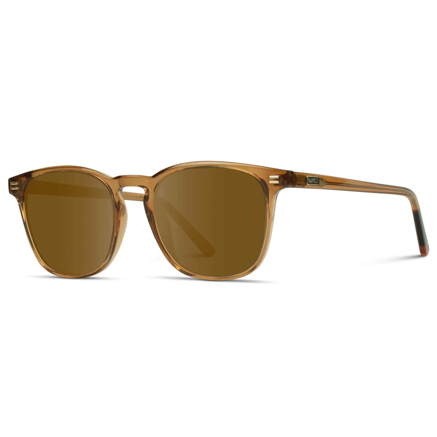Crystal Brown / Amber || Side view of Brown Square Frame Prescription Sunglasses with Brown Lenses on a white background