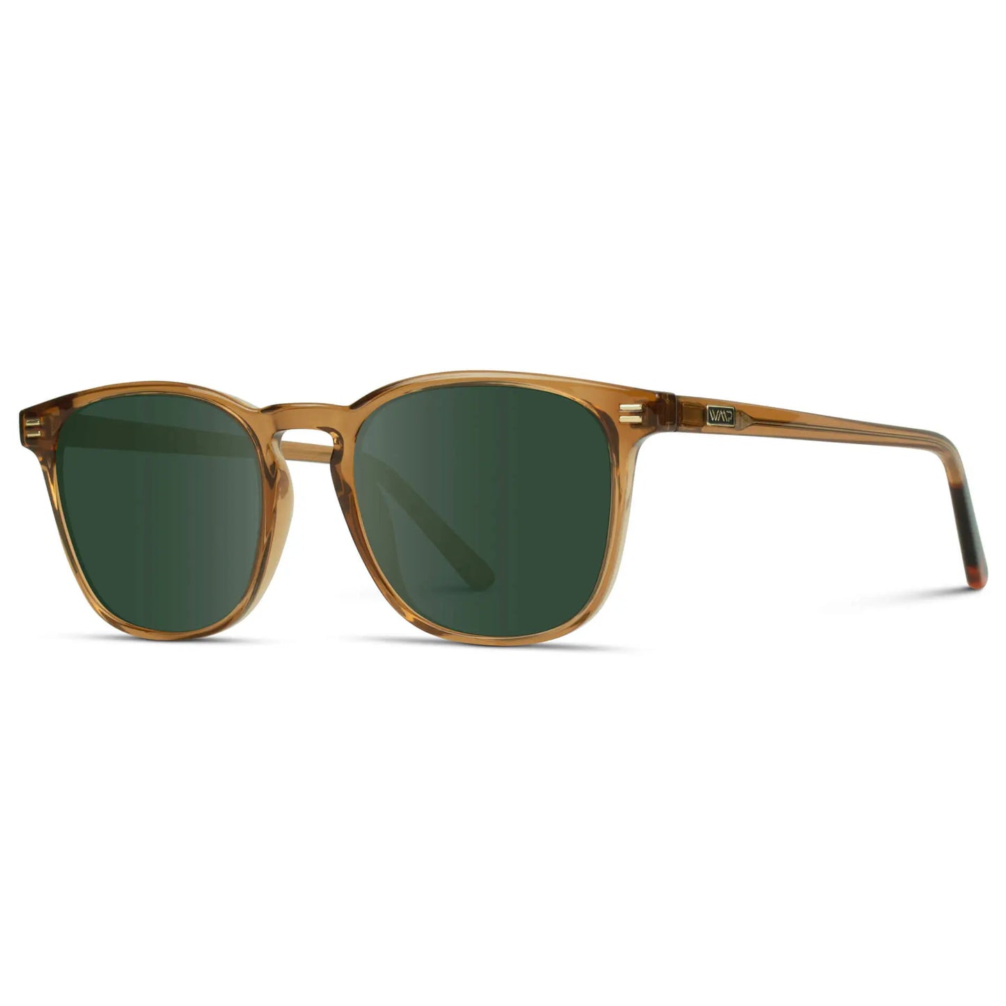 Crystal Brown / G15 || Side view of Brown Square Frame Prescription Sunglasses with Green Lenses on a white background
