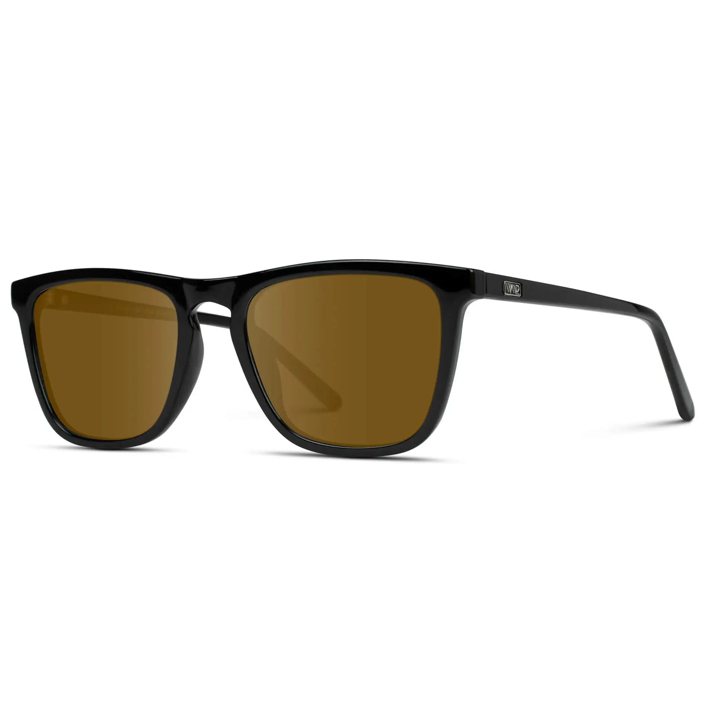 Black / Amber || Side view of Men's Square Prescription Sunglasses with Black Frame and Amber Lenses on a white background