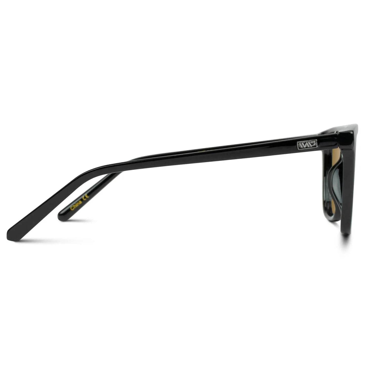 Black / Amber || Temple view of Men's Square Prescription Sunglasses with Black Frame and Amber Lenses on a white background