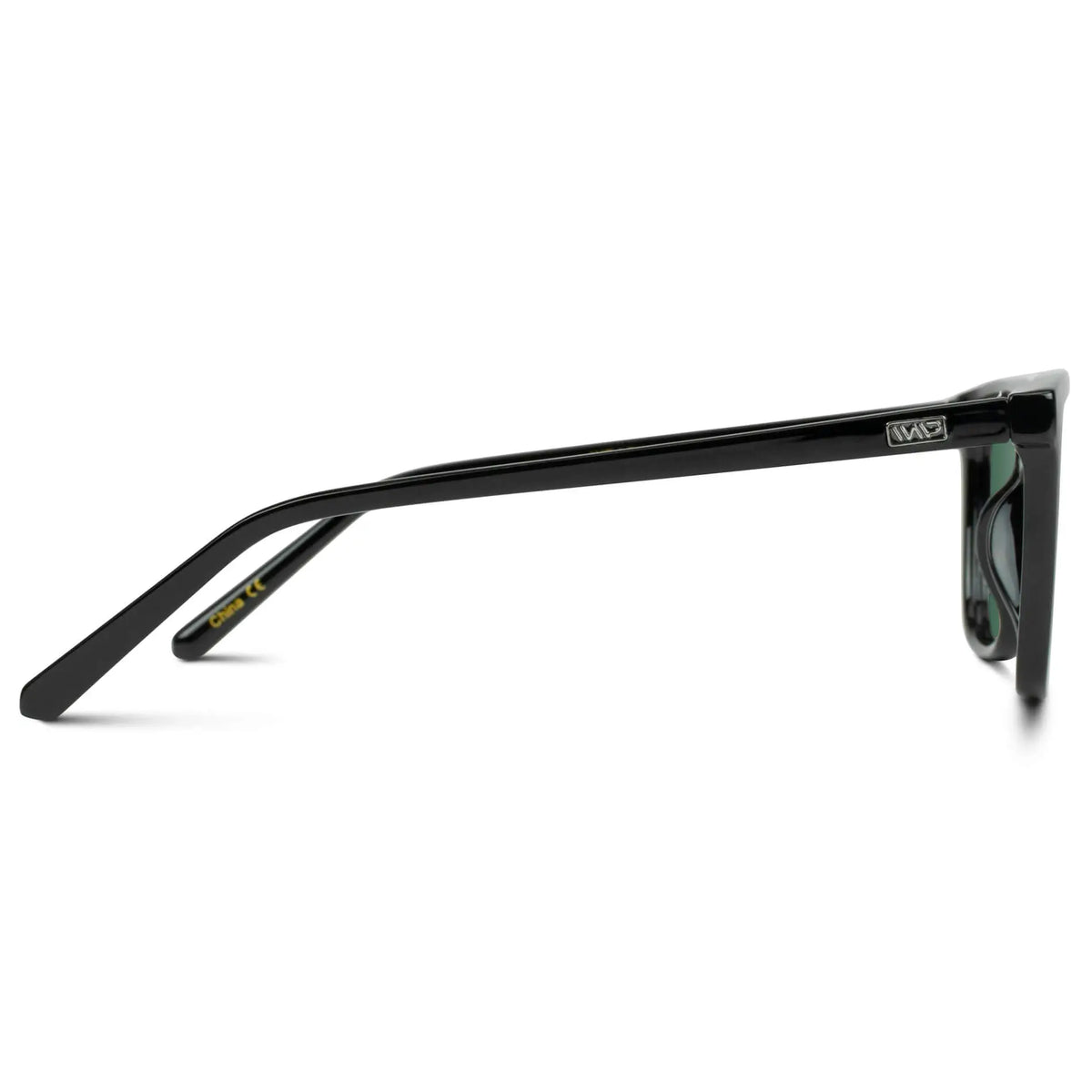 Black / G15 || Temple view of Men's Square Prescription Sunglasses with Black Frame and Green Lenses on a white background