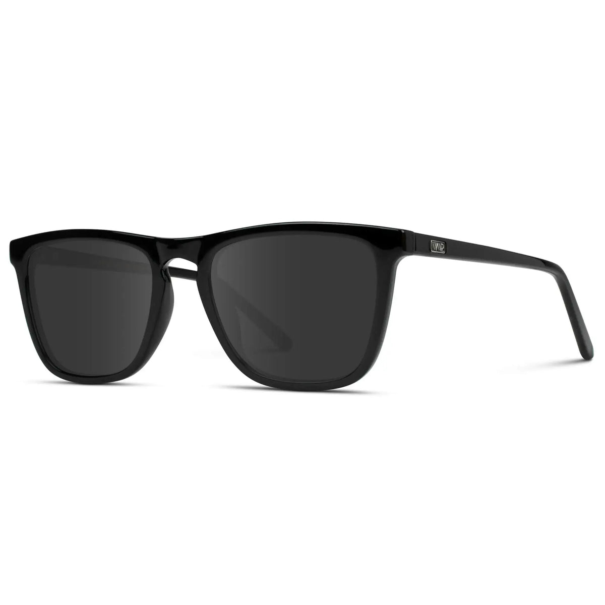 Black / Grey || Side view of Men's Square Prescription Sunglasses with Black Frame and Grey Lenses on a white background