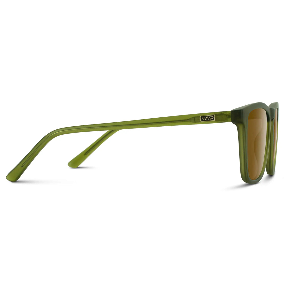 Frosted Saguaro Green / Amber || Temple view of Men's Square Prescription Sunglasses with Frosted Saguaro Green Frame and Amber Lenses on a white background