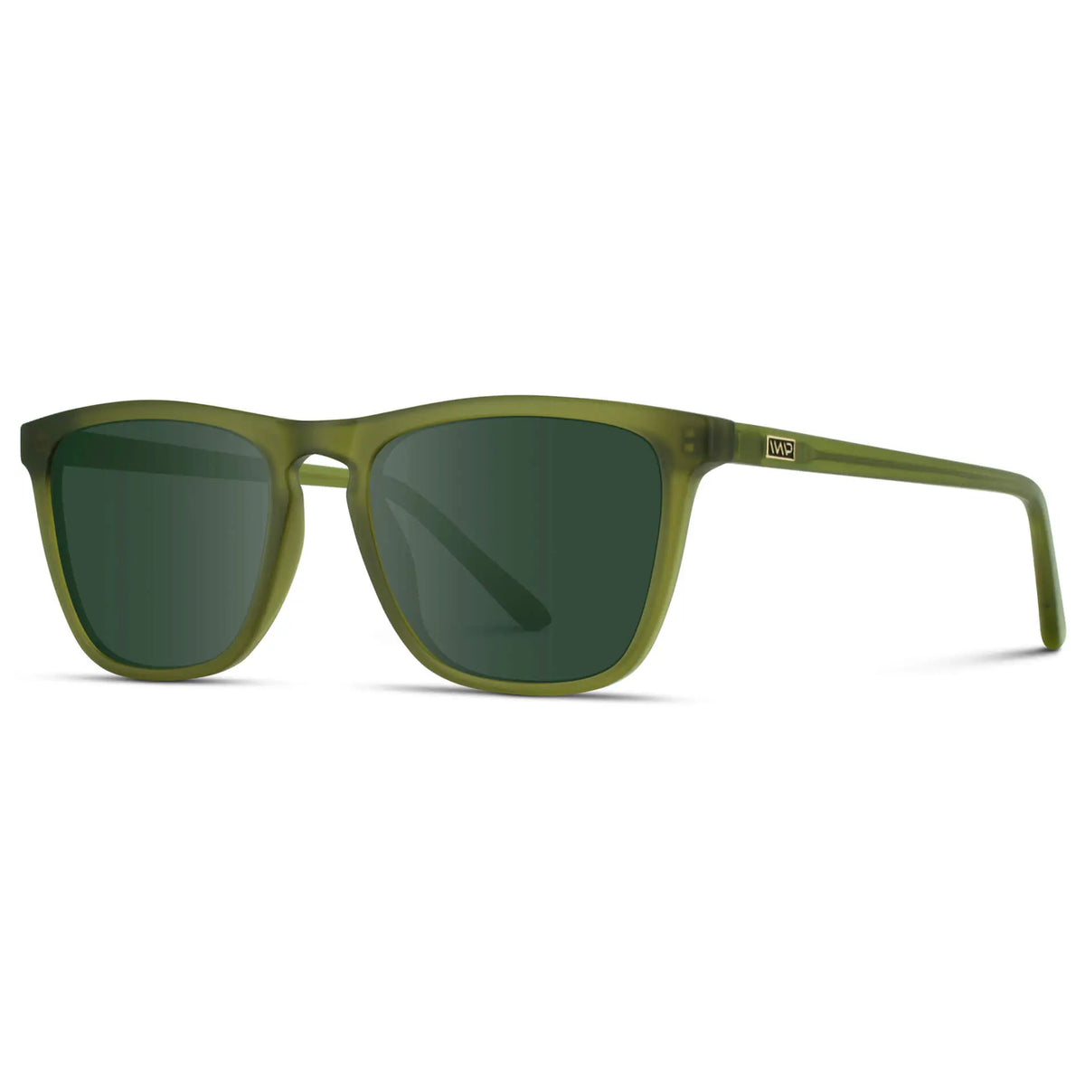 Frosted Saguaro Green / G15 || Side view of Men's Square Prescription Sunglasses with Frosted Saguaro Green Frame and Green Lenses on a white background