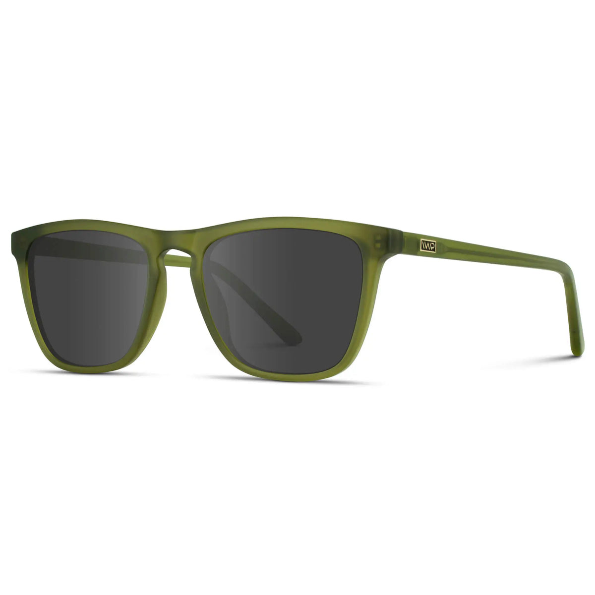 Frosted Saguaro Green / Grey || Side view of Men's Square Prescription Sunglasses with Frosted Saguaro Green Frame and Grey Lenses on a white background