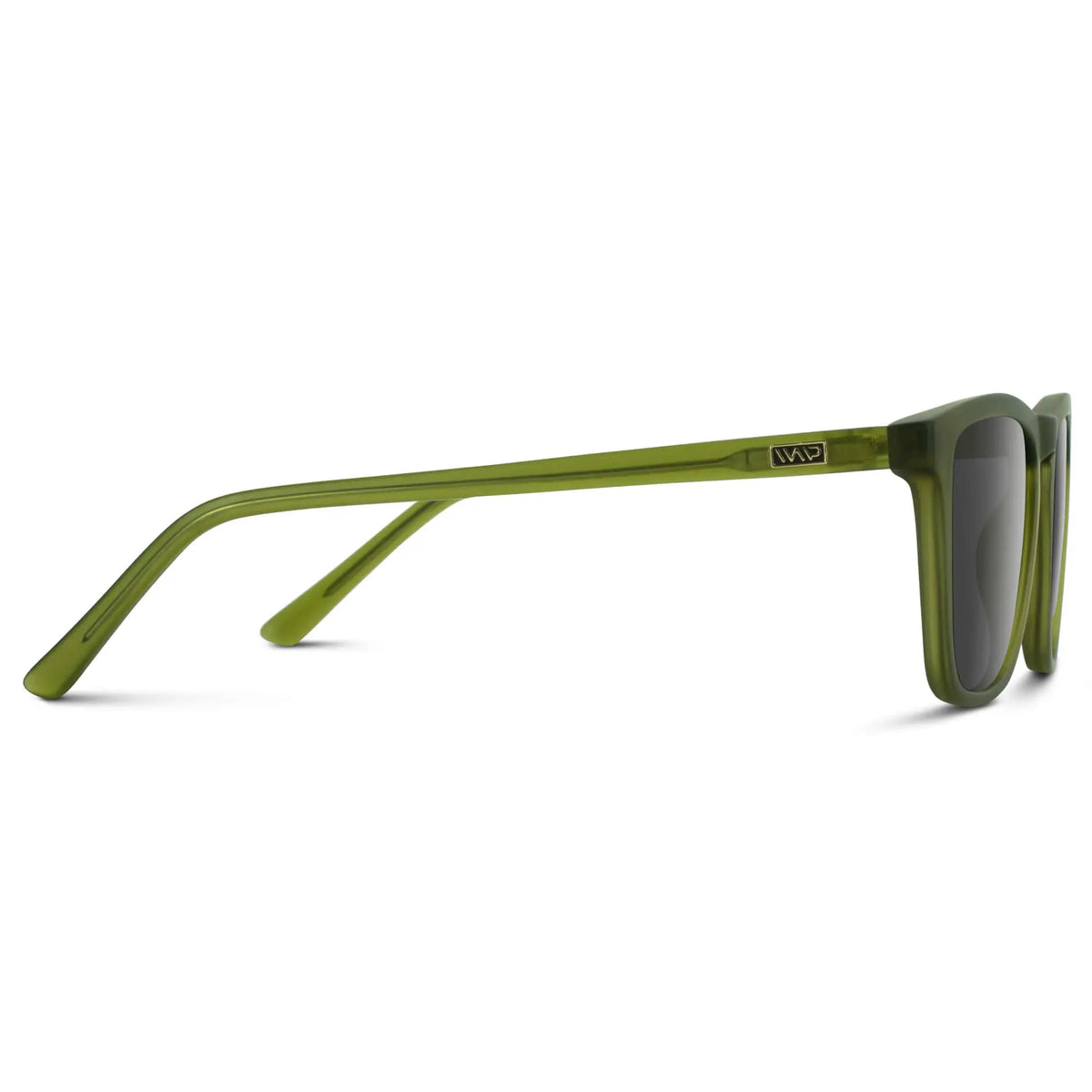 Frosted Saguaro Green / Grey || Temple view of Men's Square Prescription Sunglasses with Frosted Saguaro Green Frame and Grey Lenses on a white background