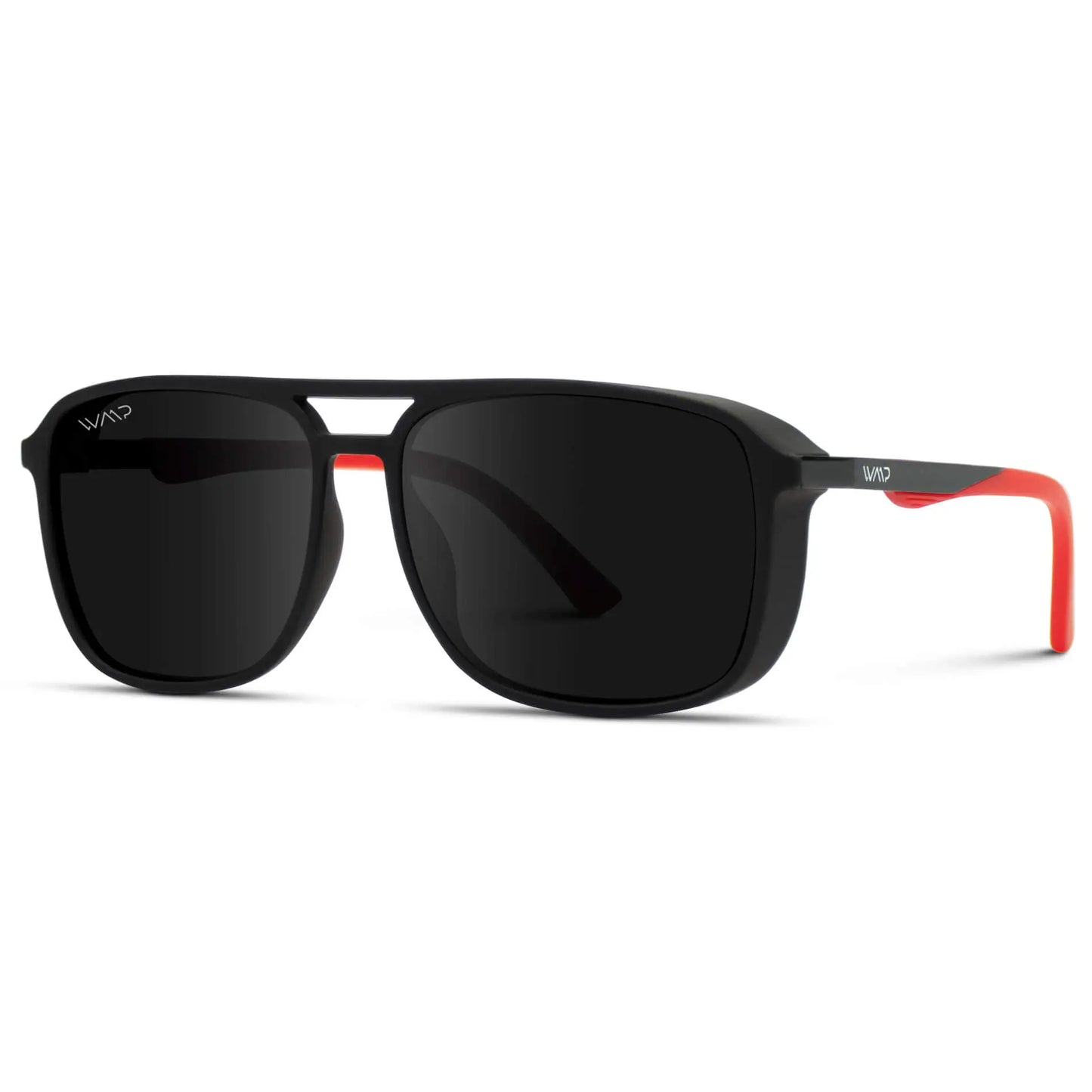 Black Frame/Red Tips || Black Square Aviator Red-Tipped Sunglasses with Black Polarized Lenses