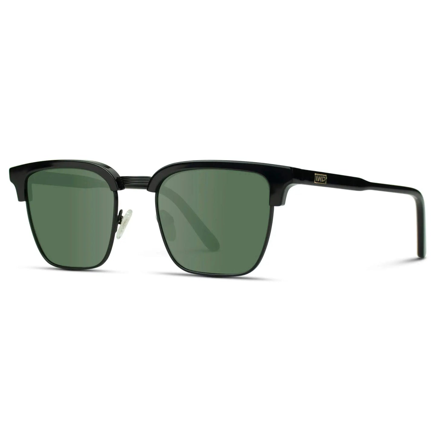 Black / Smoke Green Lens || Retro Black Browline Sunglasses with Green Polarized Lenses