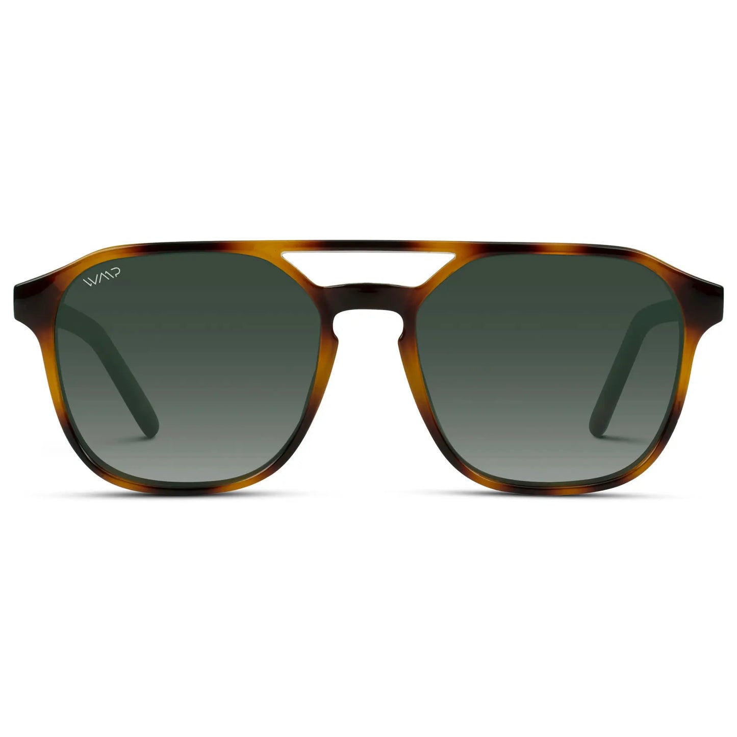 Whiskey Brown Tortoise / Smoke Green Gradient Lens || Modern Square Double Bridge Aviator Sunglasses with Green Polarized Lenses