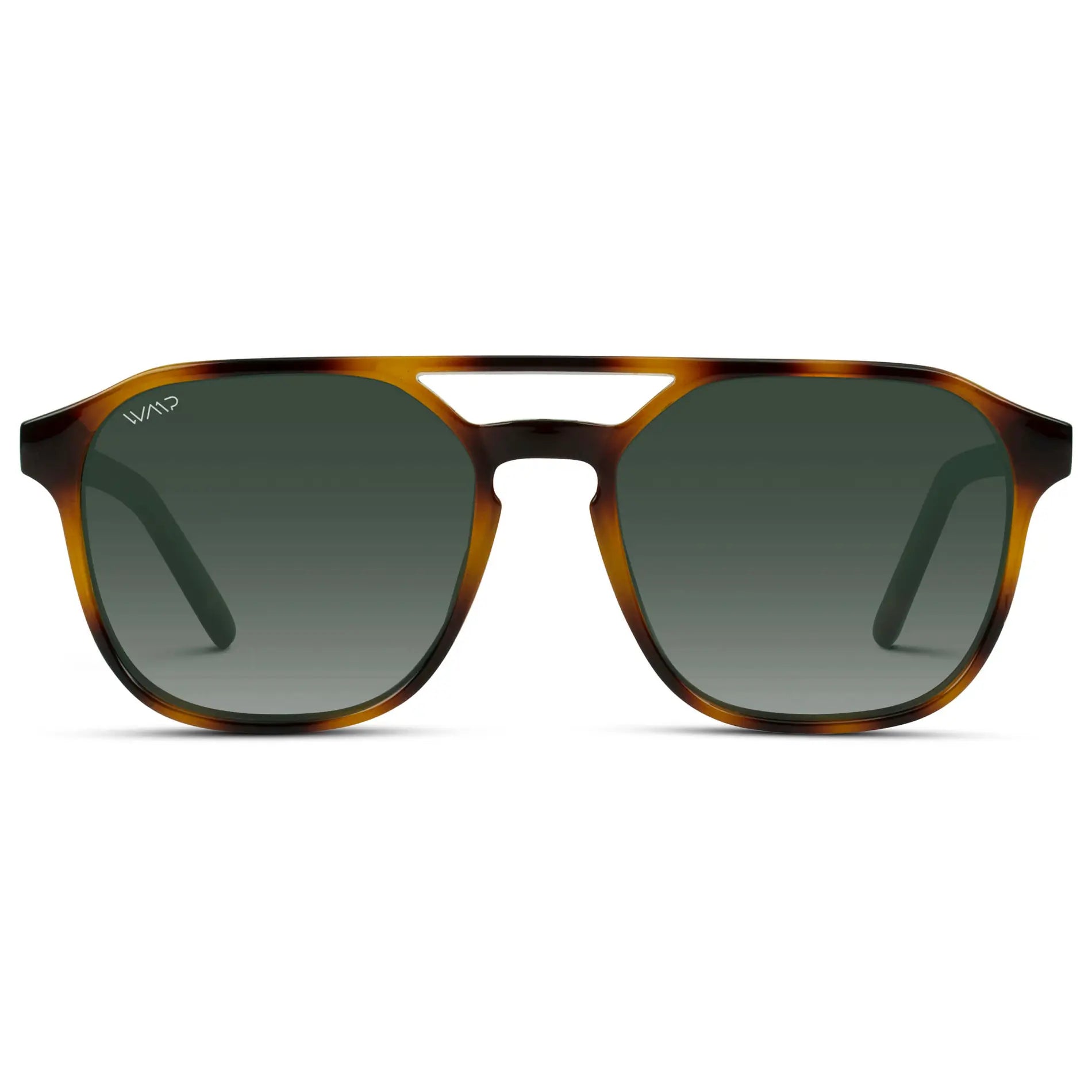 Whiskey Brown Tortoise / Smoke Green Gradient Lens || Modern Square Double Bridge Aviator Sunglasses with Green Polarized Lenses