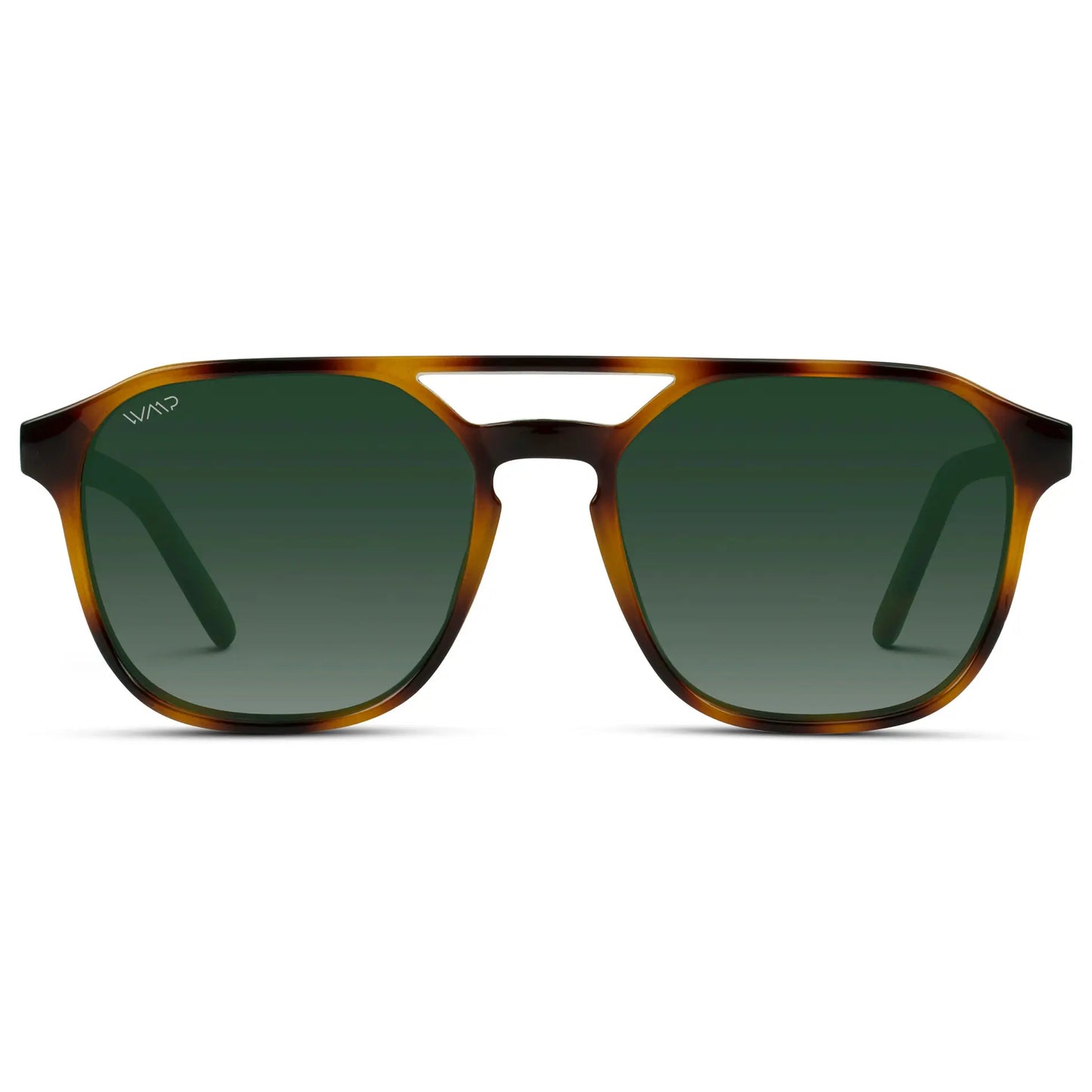 Whiskey Brown Tortoise / Smoke Green Gradient Lens || Modern Square Double Bridge Aviator Sunglasses with Green Polarized Lenses