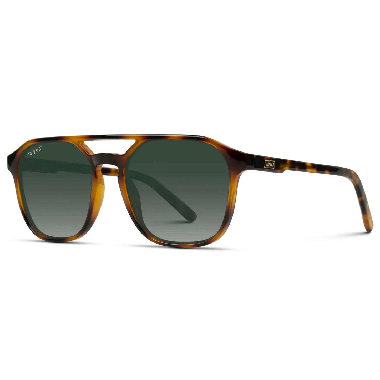 Whiskey Brown Tortoise / Smoke Green Gradient Lens || Modern Square Double Bridge Aviator Sunglasses with Green Polarized Lenses