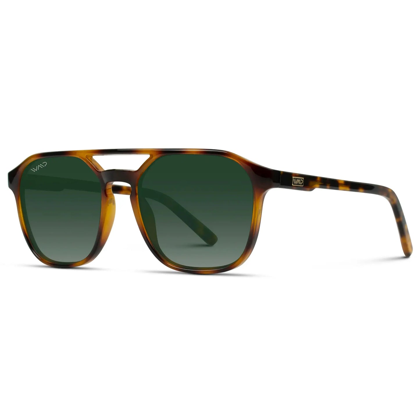 Whiskey Brown Tortoise / Smoke Green Gradient Lens || Modern Square Double Bridge Aviator Sunglasses with Green Polarized Lenses