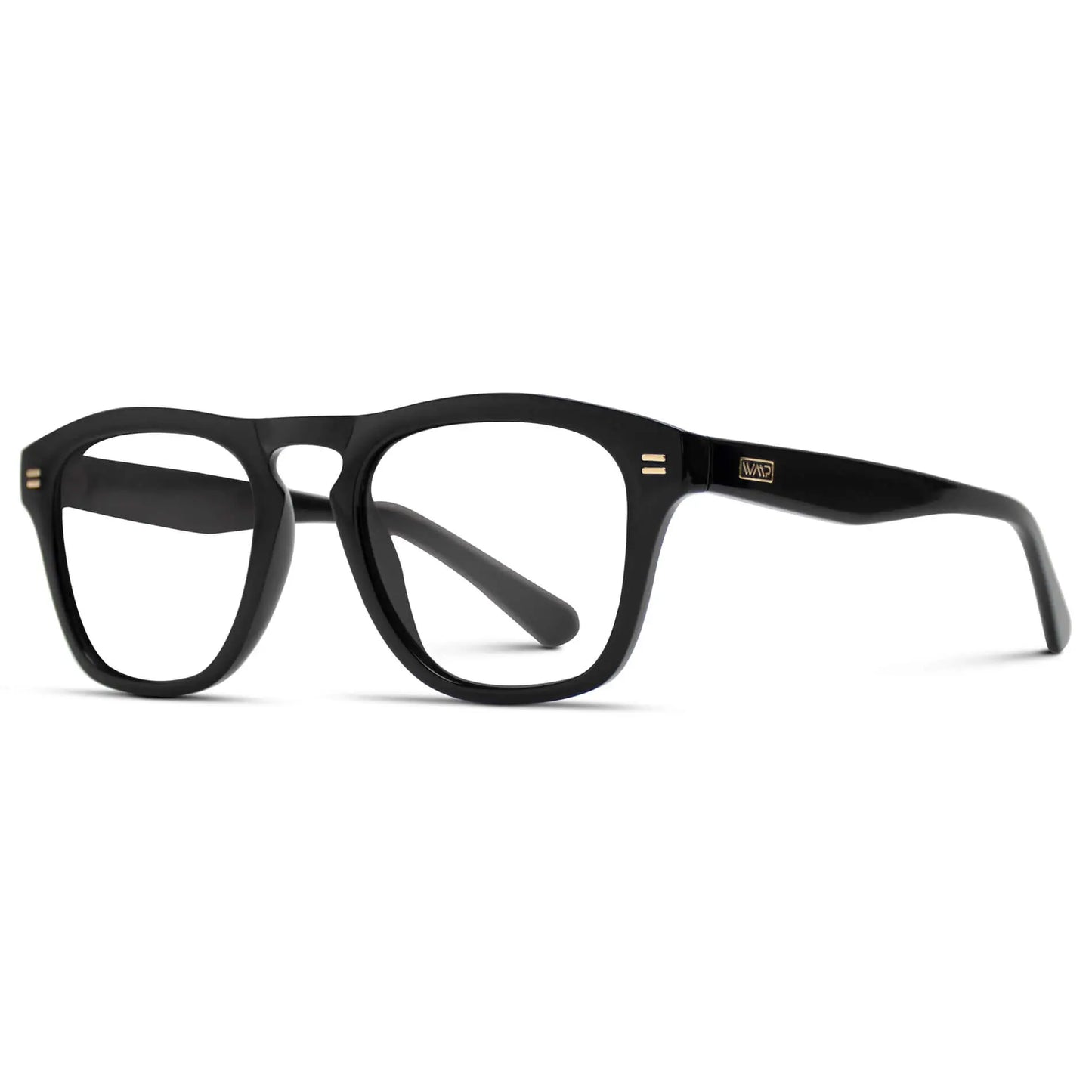 Black || Side view of Men's Square Prescription Glasses with Black Frames and Clear Lenses on a white background