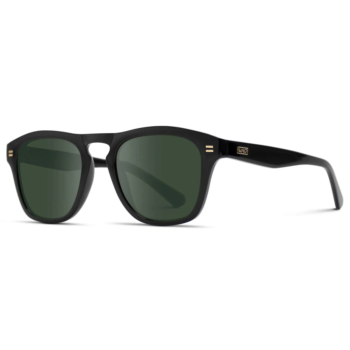 Black / G15 || Side view of Men's Square Prescription Sunglasses with Black Frame and Green Lenses on a white background
