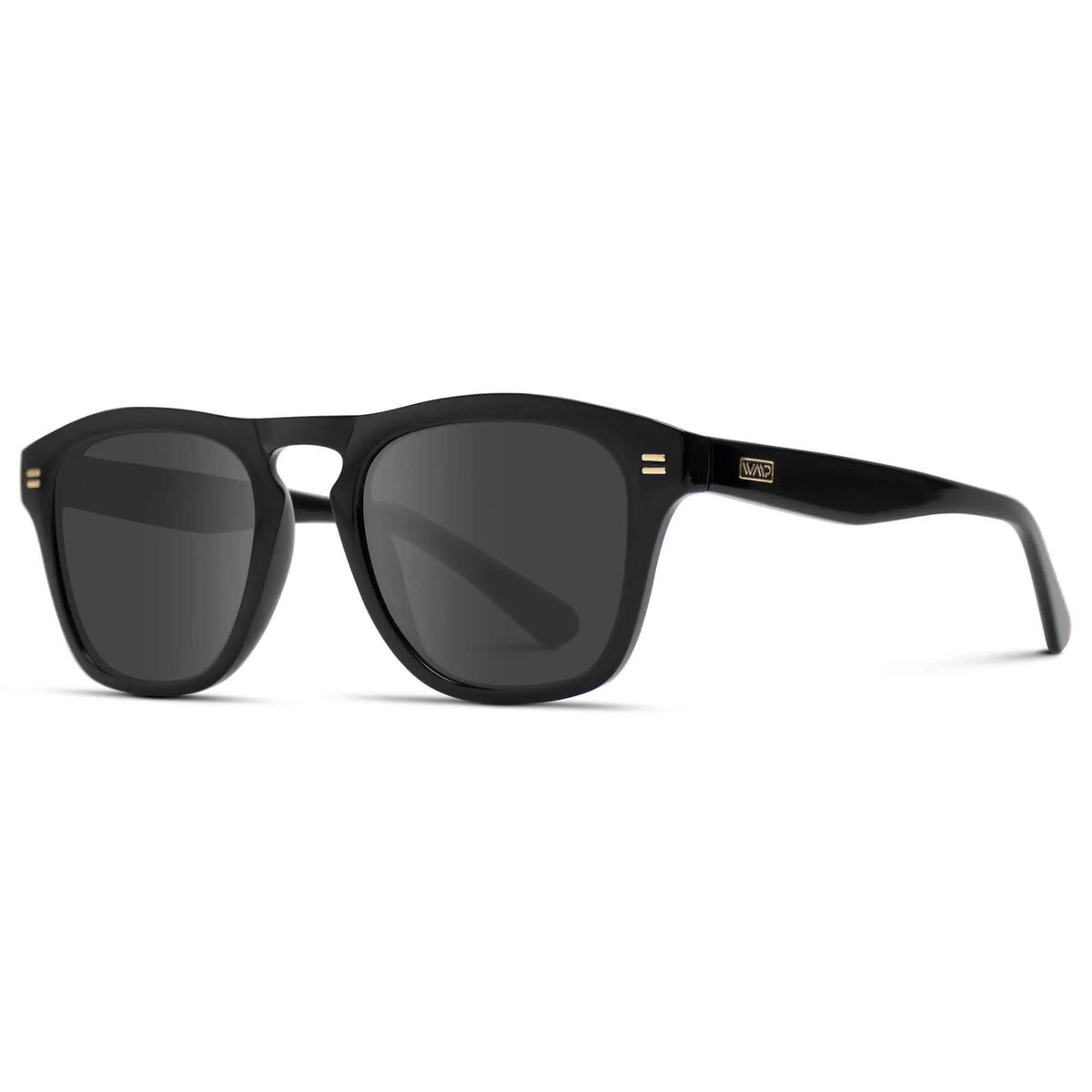 Black / Grey || Side view of Men's Square Prescription Sunglasses with Black Frame and Grey Lenses on a white background