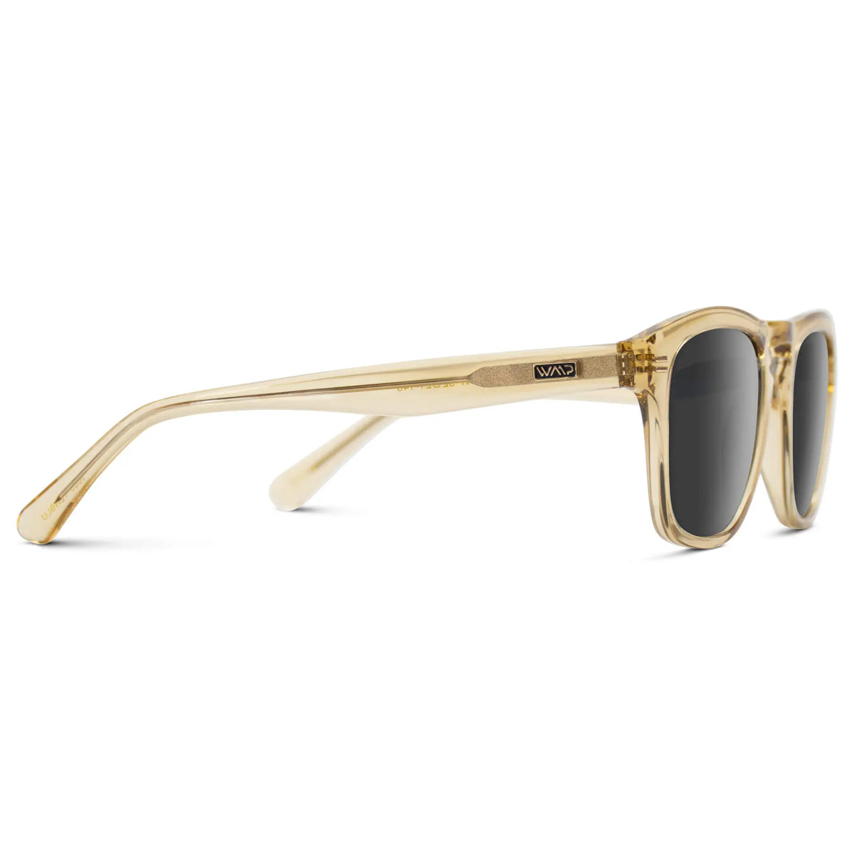 Champagne Crystal / Grey || Temple view of Men's Square Prescription Sunglasses with Champagne Crystal Frame and Grey Lenses on a white background