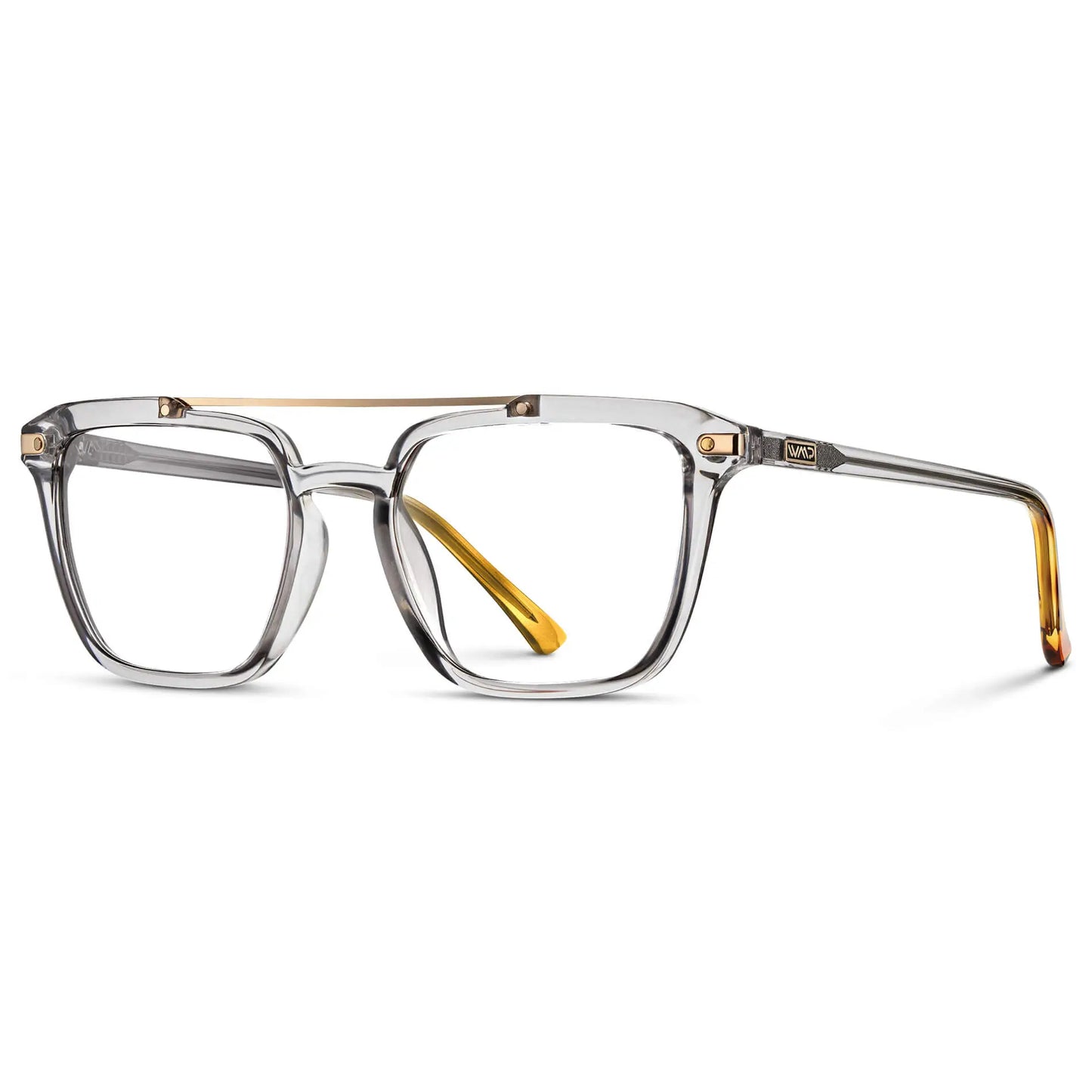 Crystal Ice Grey || Side view of Men's Double Bridge Square Eyeglasses with Crystal Ice Grey Frame and Clear Prescription Lenses on a white background