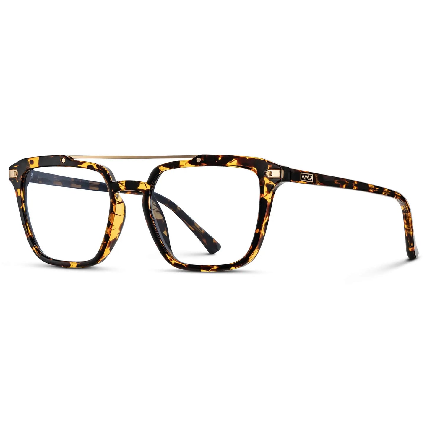 Amber Tortoise || Side view of Men's Double Bridge Square Eyeglasses with Amber Tortoise Frame and Clear Prescription Lenses on a white background