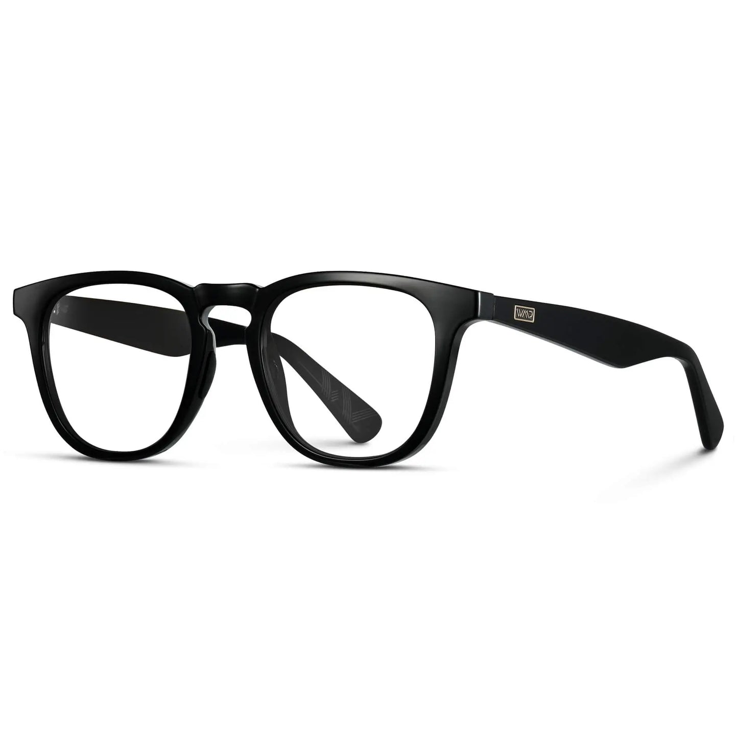 Black || Side view of Men's Round Prescription Glasses with Black Frame and Clear Lenses on a white background