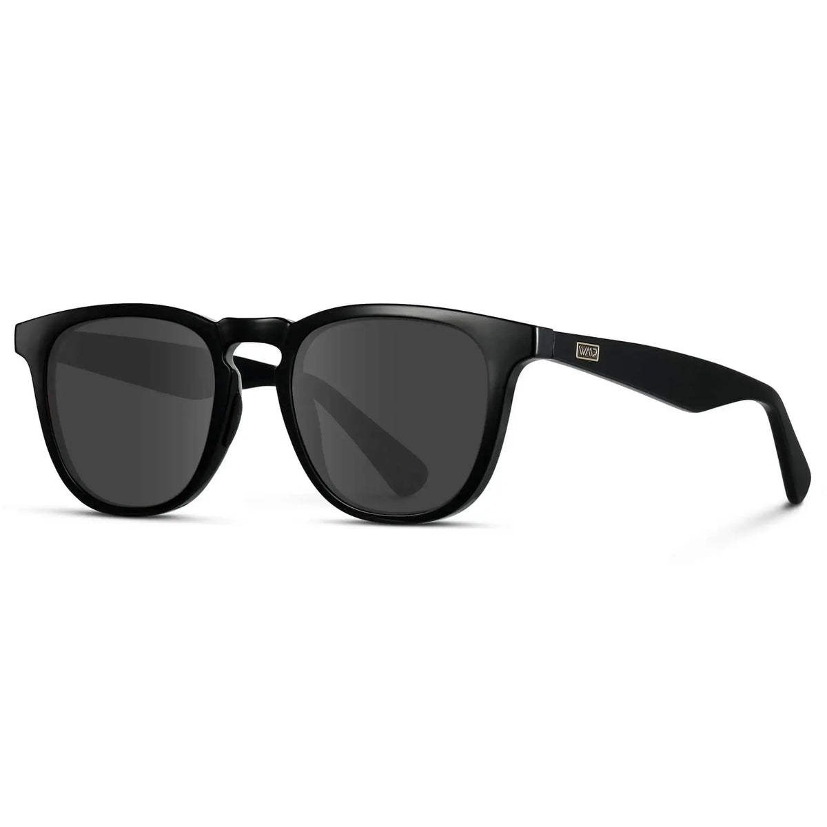 Side view of Men's Medium Fit Round Prescription Sunglasses with Black Frame and Grey Lens on a white background