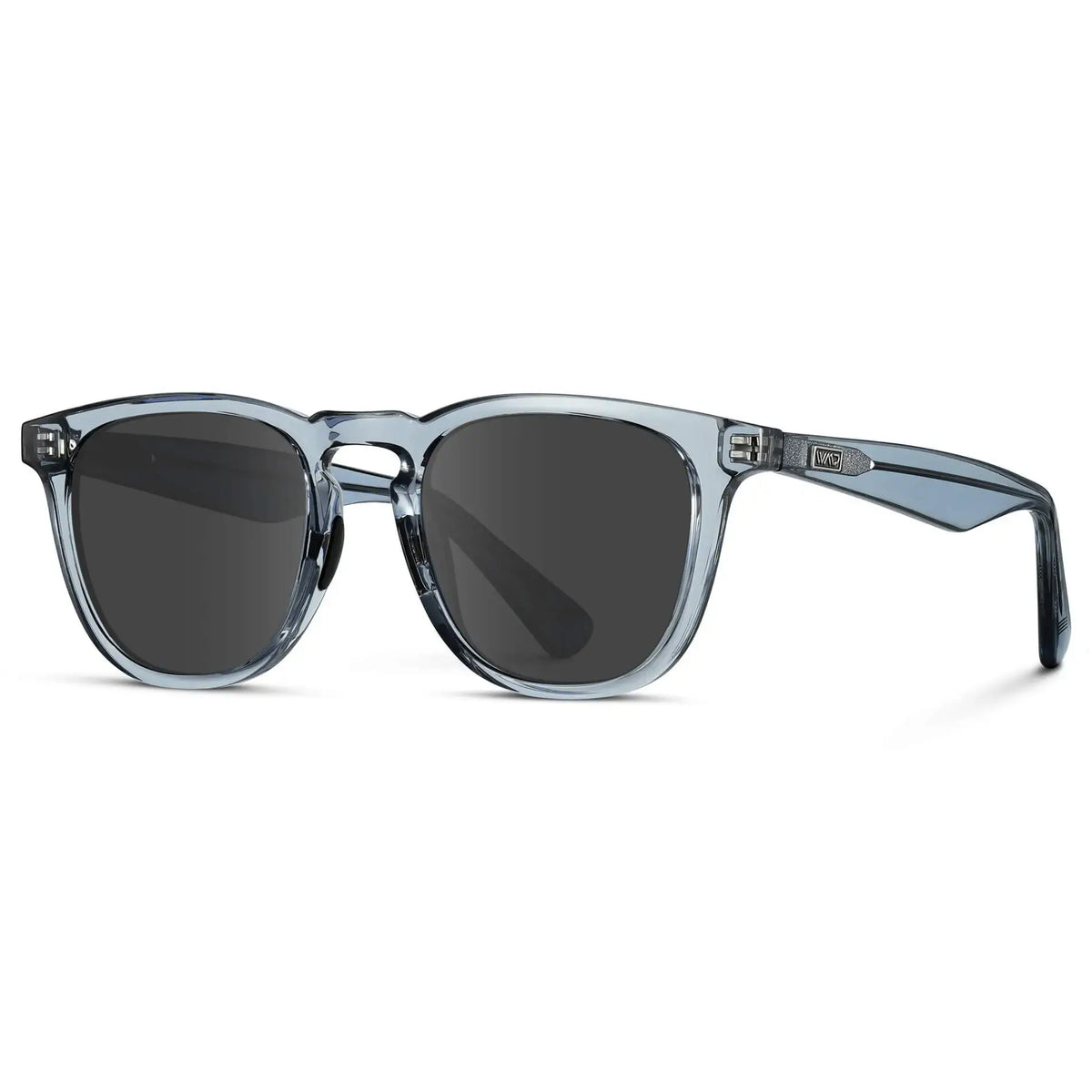 Side view of Men's Wide Fit Round Prescription Sunglasses with Denim Blue Frame and Grey Lens on a white background