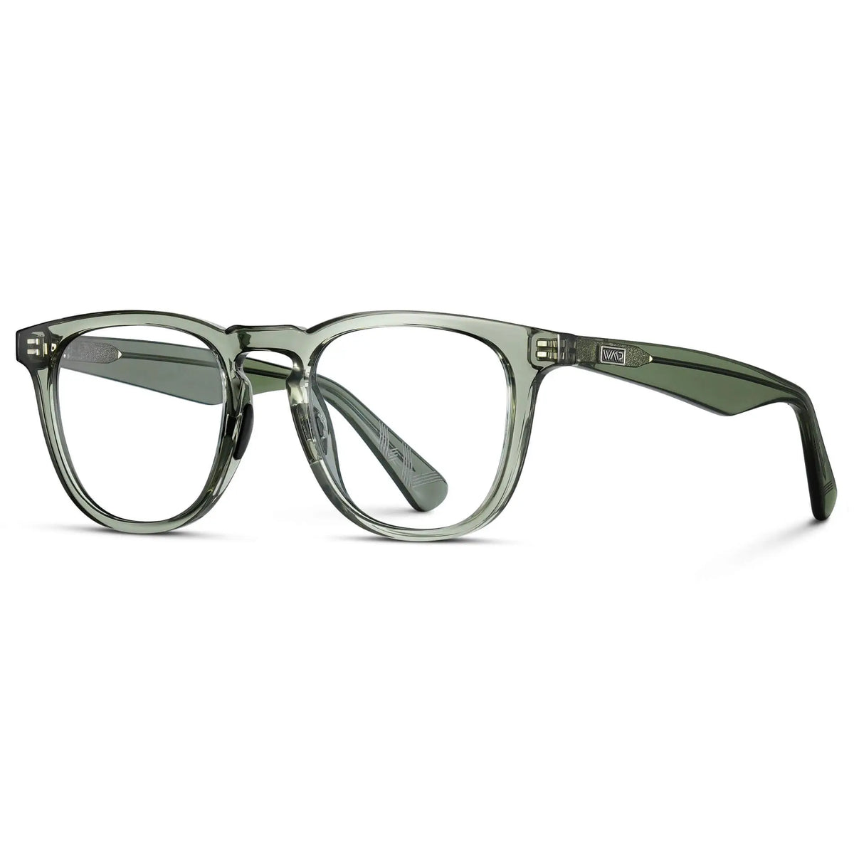 Side view of Men's Wide Fit Round Prescription Glasses with Crystal Agave Green Frame and Clear Lens on a white background