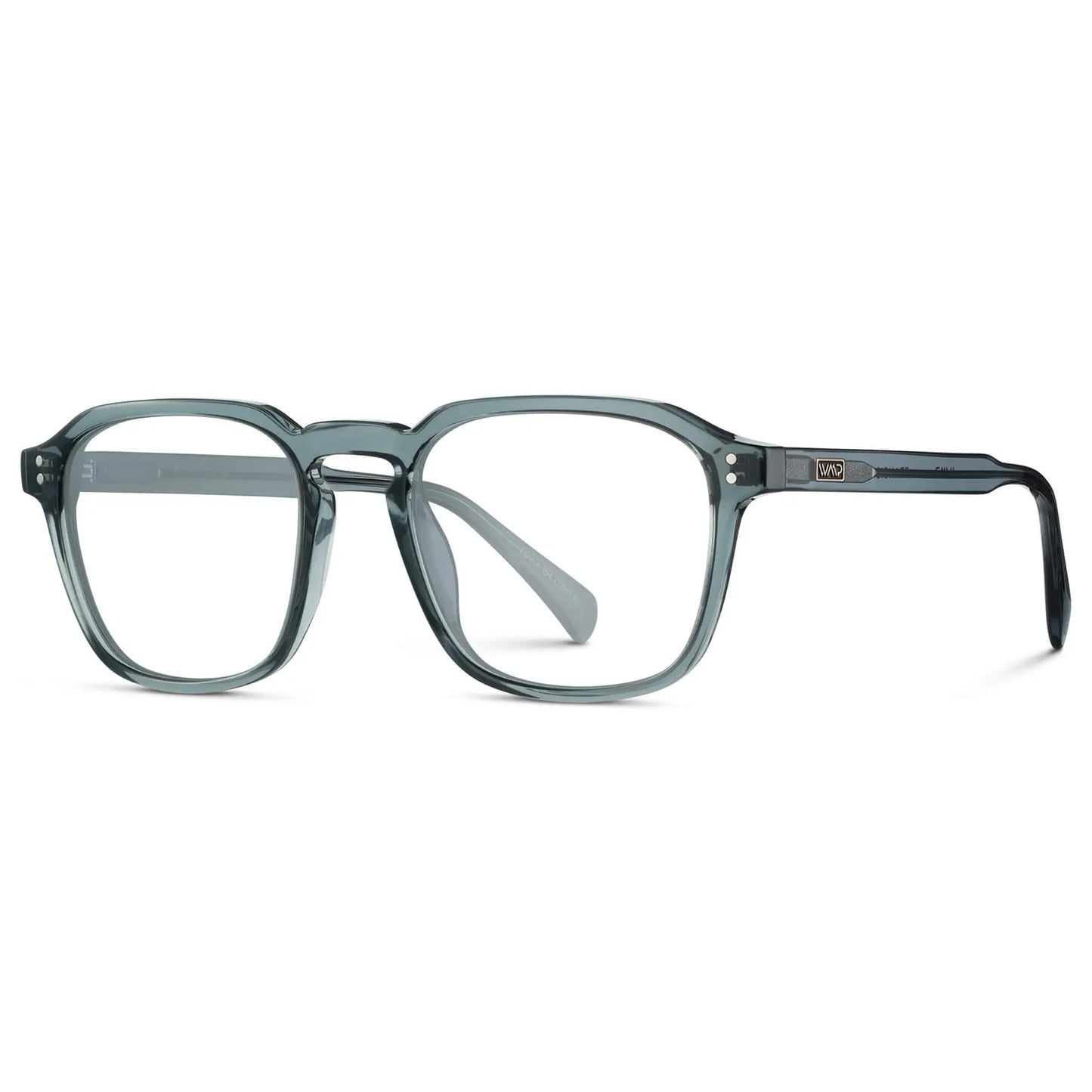 Crystal Stone Blue || Side view of Men's Square Prescription Sunglasses with Crystal Stone Blue Frame and Clear Lenses on a white background