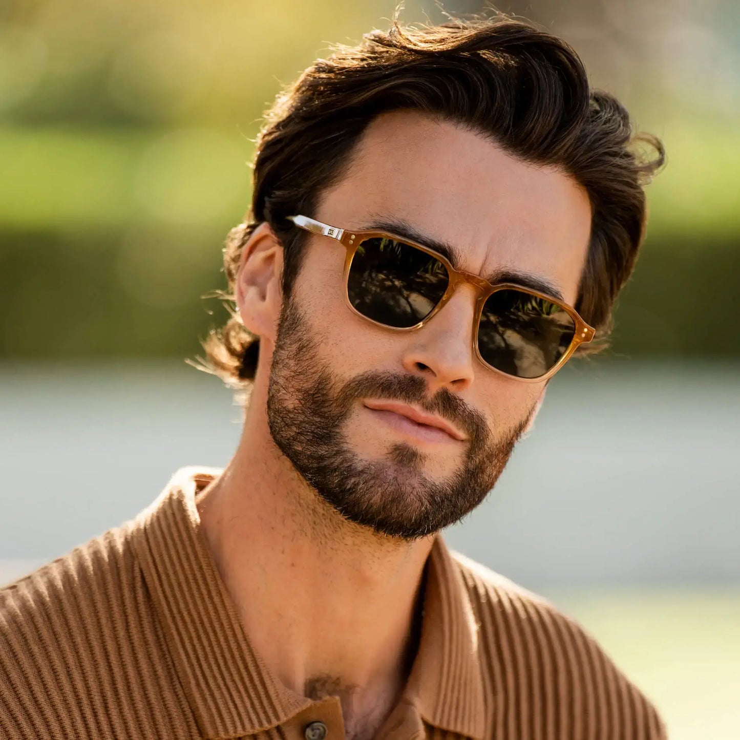 Sunset Tortoise / G15 || Model wearing Men's Square Prescription Sunglasses with Sunset Tortoise Frame and Green Lens