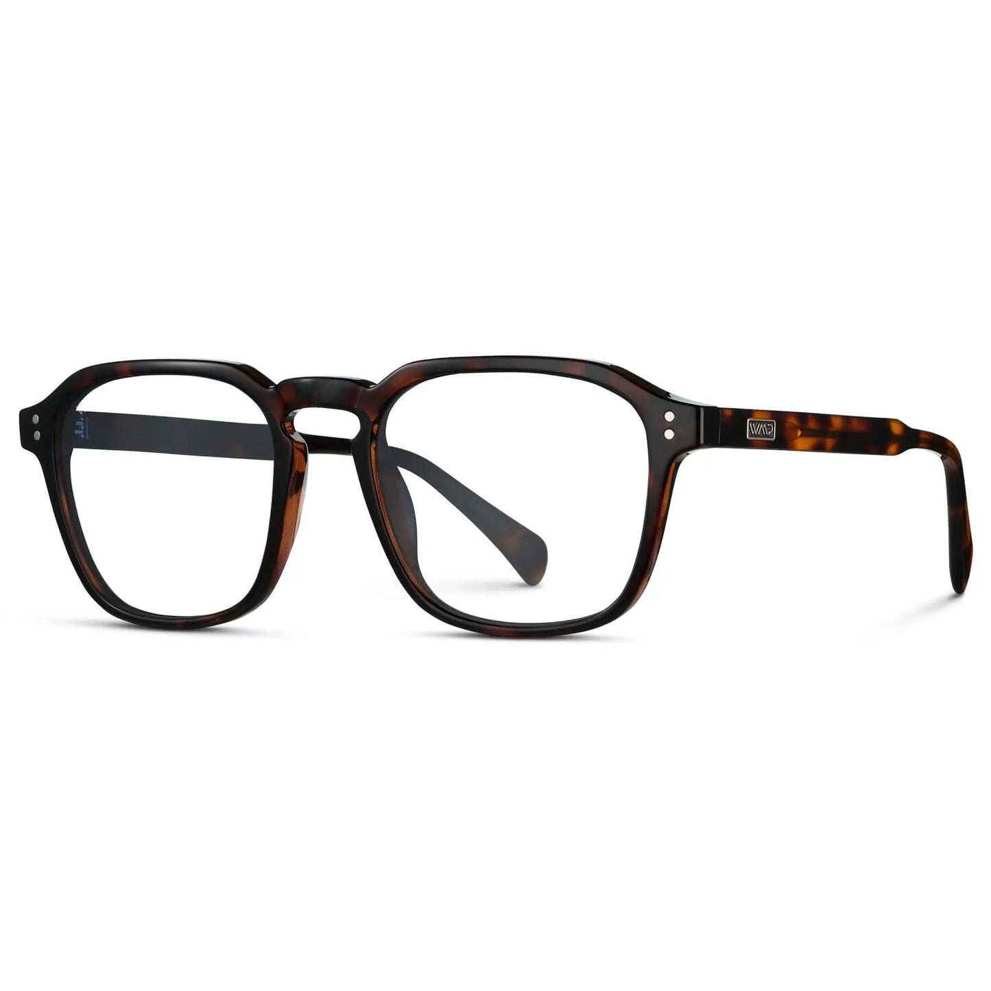 Brown Tortoise || Side view of Men's Square Prescription Sunglasses with Brown Tortoise Frame and Clear Lenses on a white background
