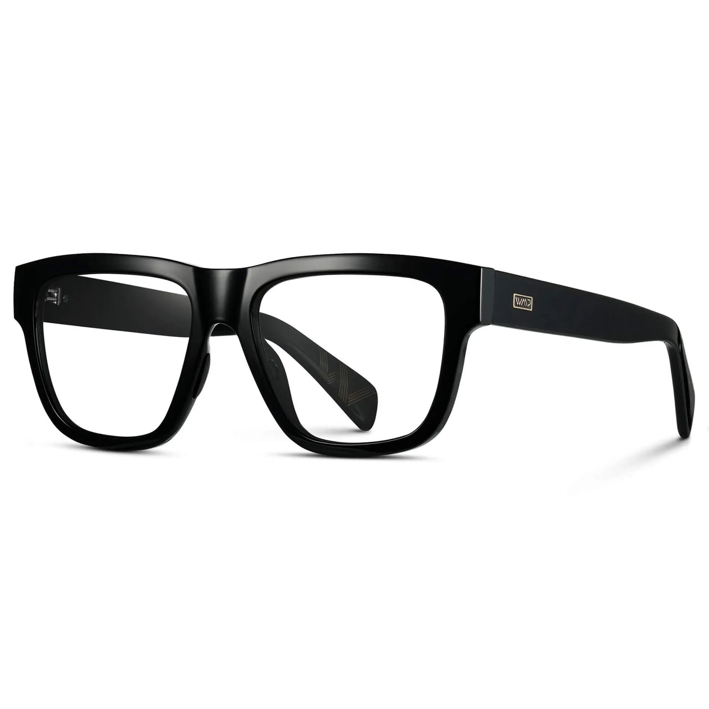 Black || Side view of Men's Square Prescription Classes with Black Frame and Clear Lenses on a white background