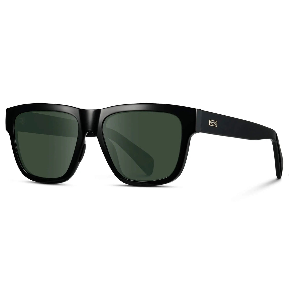 Black / G15 || Side view of Men's Square Prescription Glasses with Black Frame and Green Lenses on a white background