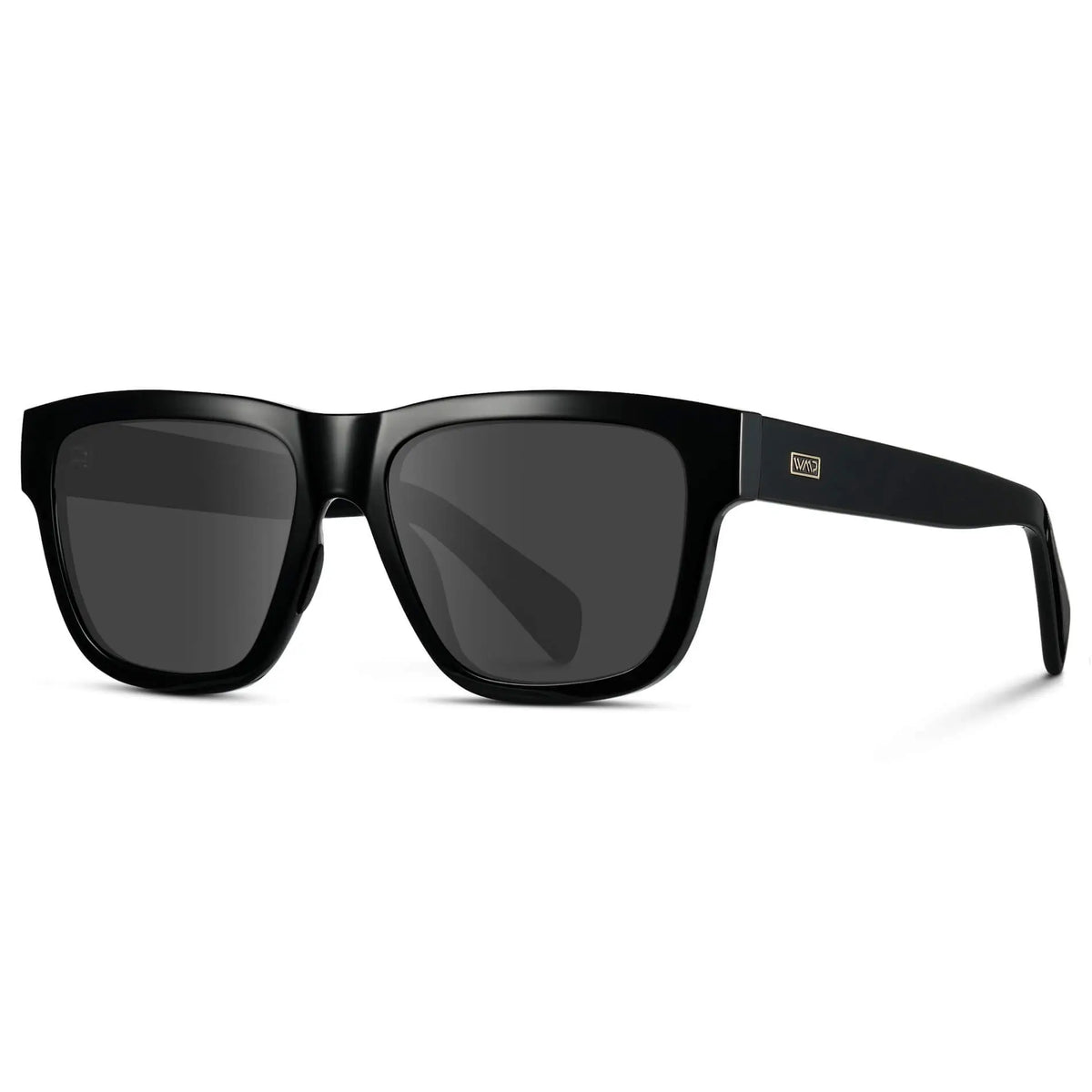 Black / Grey || Side view of Men's Square Prescription Glasses with Black Frame and Grey Lenses on a white background