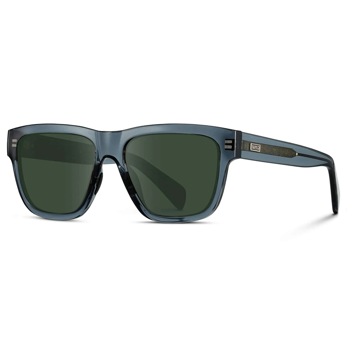 Crystal Navy Dusk / G15 || Side view of Men's Square Prescription Glasses with Crystal Navy Dusk Frame and Green Lenses on a white background