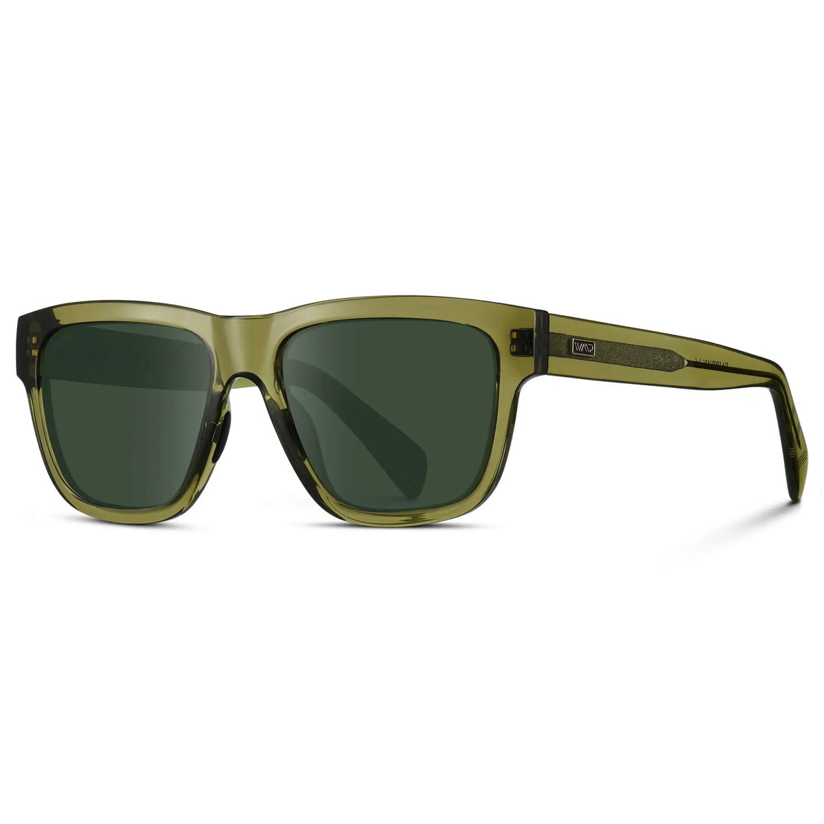 Crystal Saguaro Green / G15 || Side view of Men's Square Prescription Glasses with Crystal Saguaro Green Frame and Green Lenses on a white background