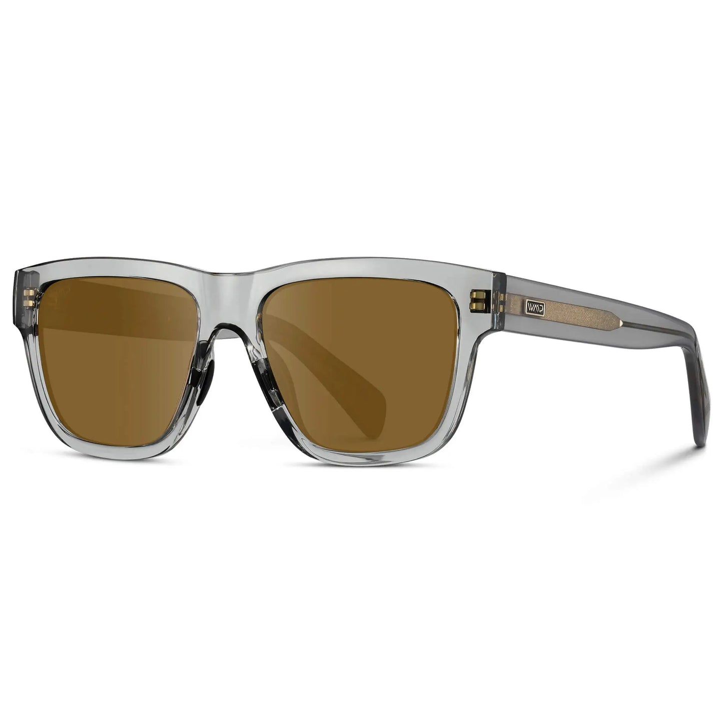 Crystal Grey / Amber || Side view of Men's Square Prescription Glasses with Crystal Grey Frame and Amber Lenses on a white background