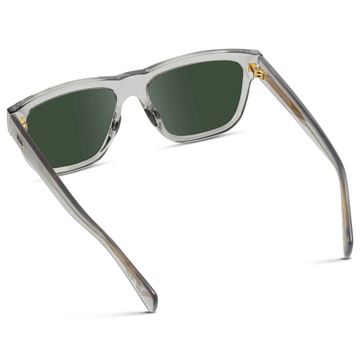Crystal Grey / G15 || Back view of Men's Square Prescription Glasses with Crystal Grey Frame and Green Lenses on a white background