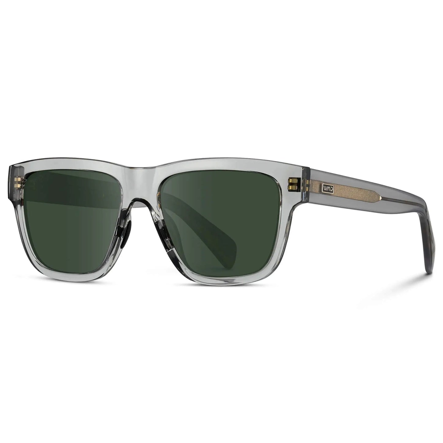 Crystal Grey / G15 || Side view of Men's Square Prescription Glasses with Crystal Grey Frame and Green Lenses on a white background