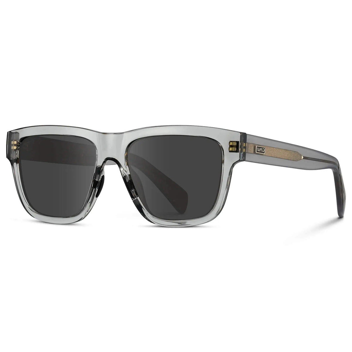 Crystal Grey / Grey || Side view of Men's Square Prescription Glasses with Crystal Grey Frame and Grey Lenses on a white background