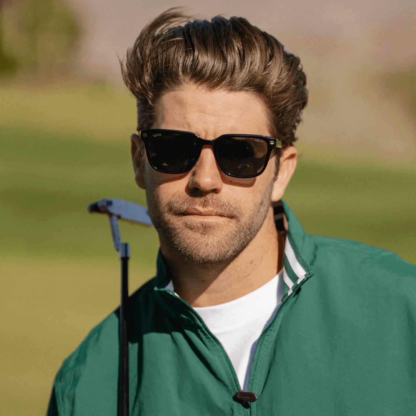 Black / Black Lens || Men's Geometric Rectangular Non-Slip Golf Sunglasses with Black Acetate Frame and Black Polarized Oleophobic Lens