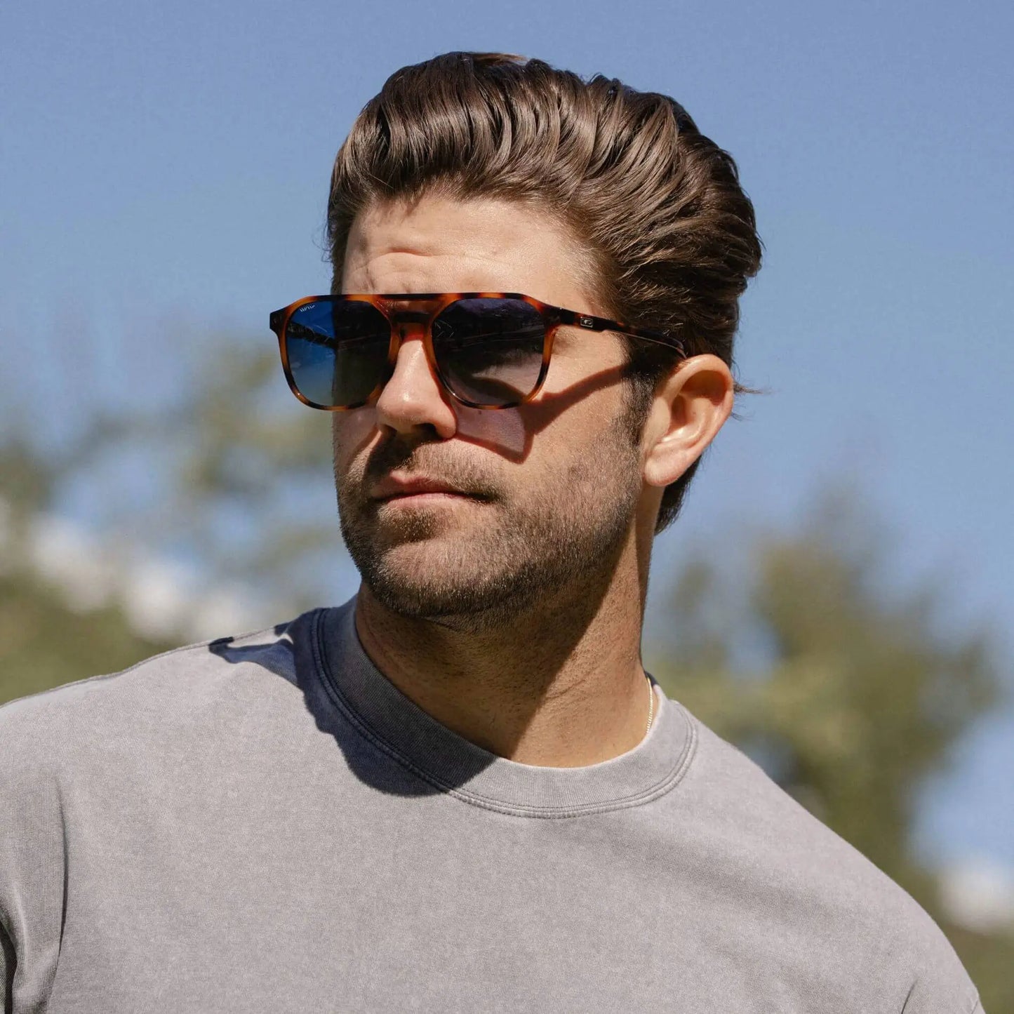 Whiskey Brown Tortoise / Blue Gradient Lens || Modern Square Double Bridge Aviator Sunglasses with Blue Polarized Lenses