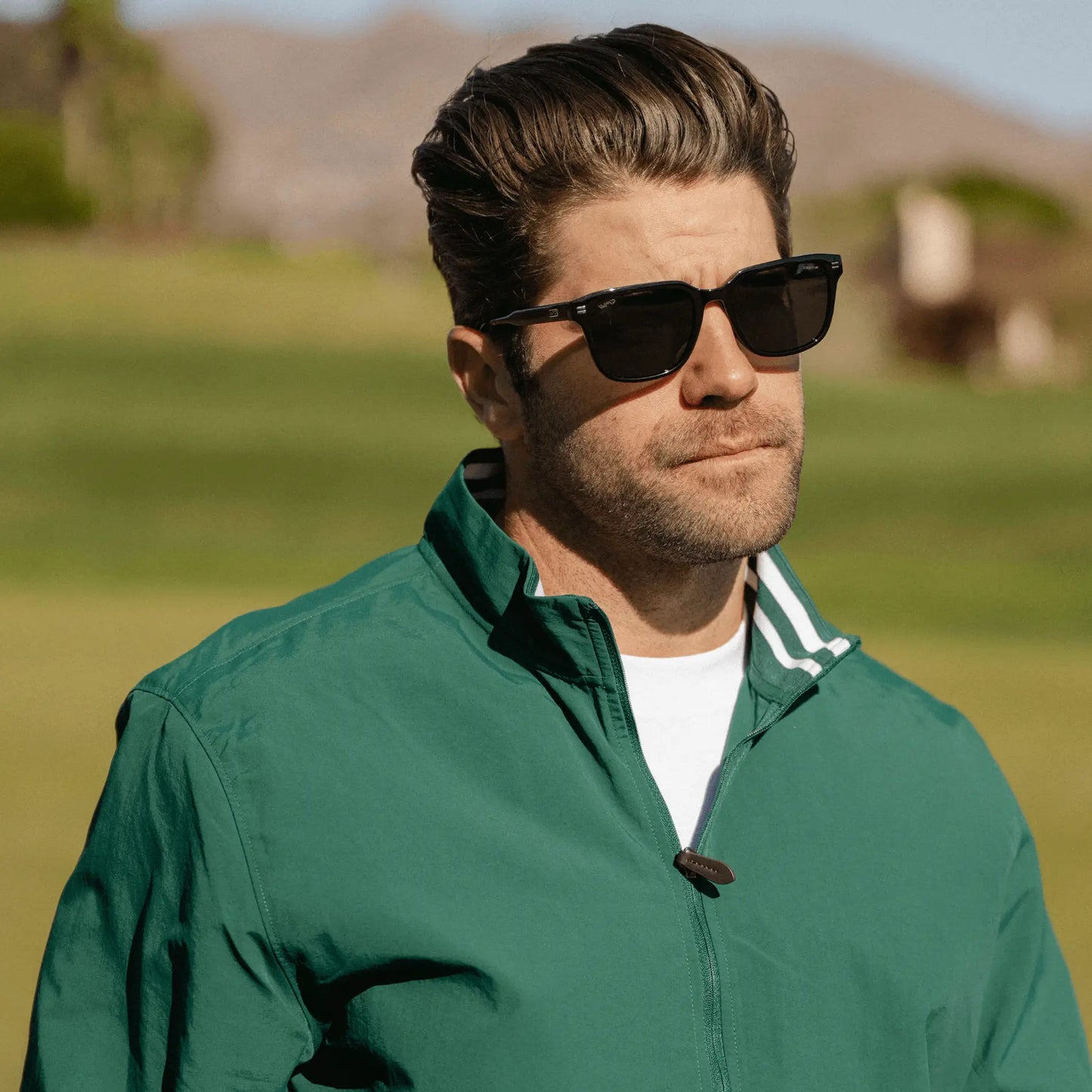 Black / Grey || Model wearing Men's Geometric Rectangular Prescription Sunglasses with Black Acetate Frame and Grey Lens